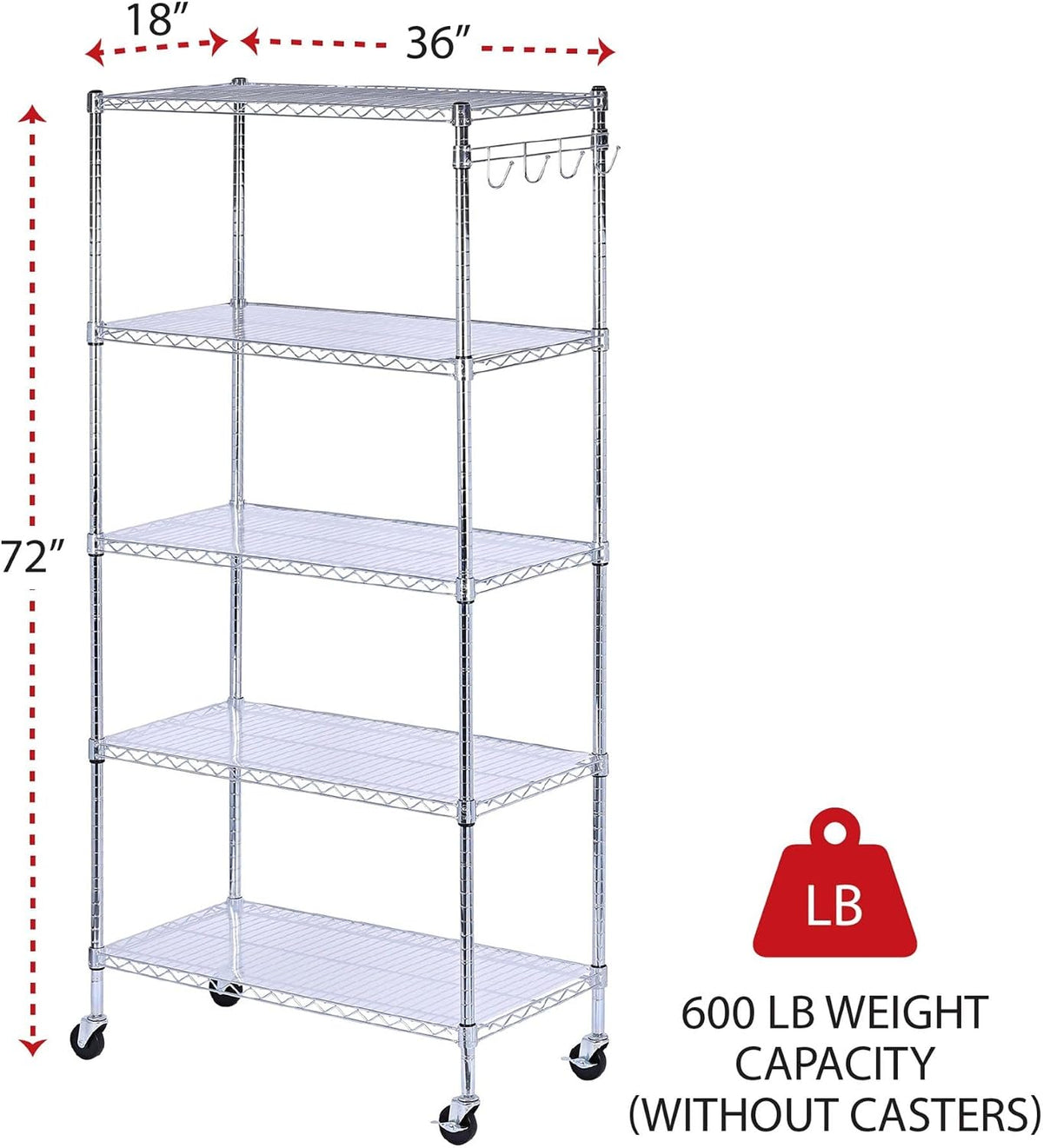 5-Shelf Wire Shelving Kit with Casters and Shelf Liners, 36w X 18d X 72h, Silver