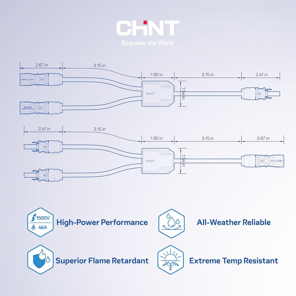 CHINT Solar Y Branch Connector Kit, 10AWG to Dual 12AWG PV Wire, 1500V 30A, UL & TÜV Certified Connectors and Cables