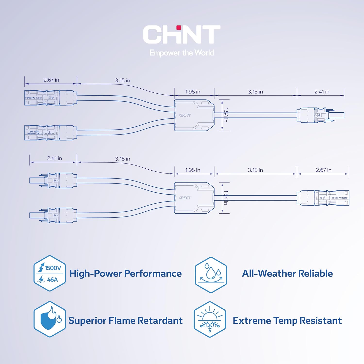 CHINT Solar Y Branch Connector Kit, 10AWG to Dual 12AWG PV Wire, 1500V 30A, UL & TÜV Certified Connectors and Cables