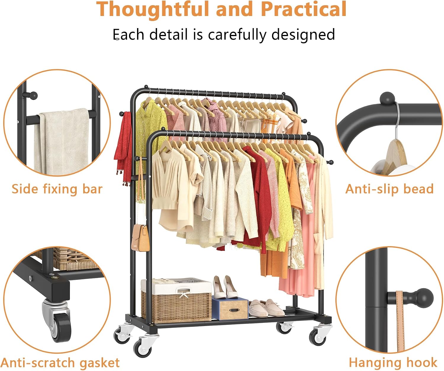 Double Rods Garment Rack with Wheels, Clothing Rack for Hanging Clothes,4 Hooks, Multi-functional Bedroom Clothes