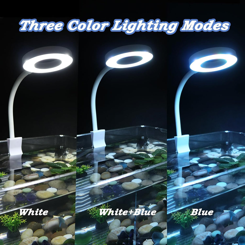 Small Aquarium Light Clip on Fish Tank Light LED USB Full Spectrum Light with Dimmer Multi-Color White+Blue+Red for