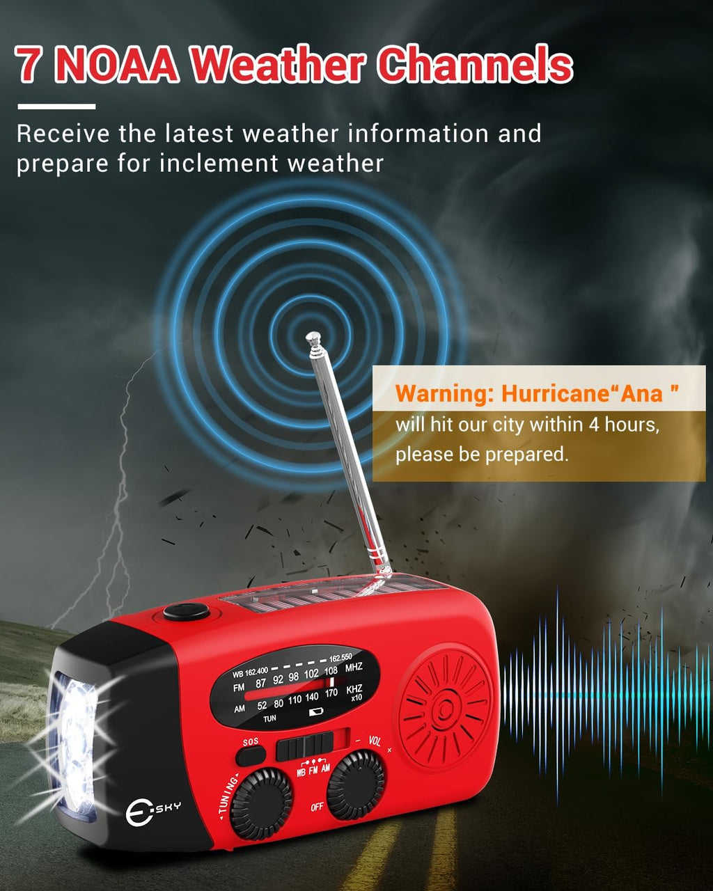 Emergency Hand Crank Radio 7400mWh with 3 LED Flashlight, AM/FM/NOAA Portable Weather Radio with Built-in 2000mAh