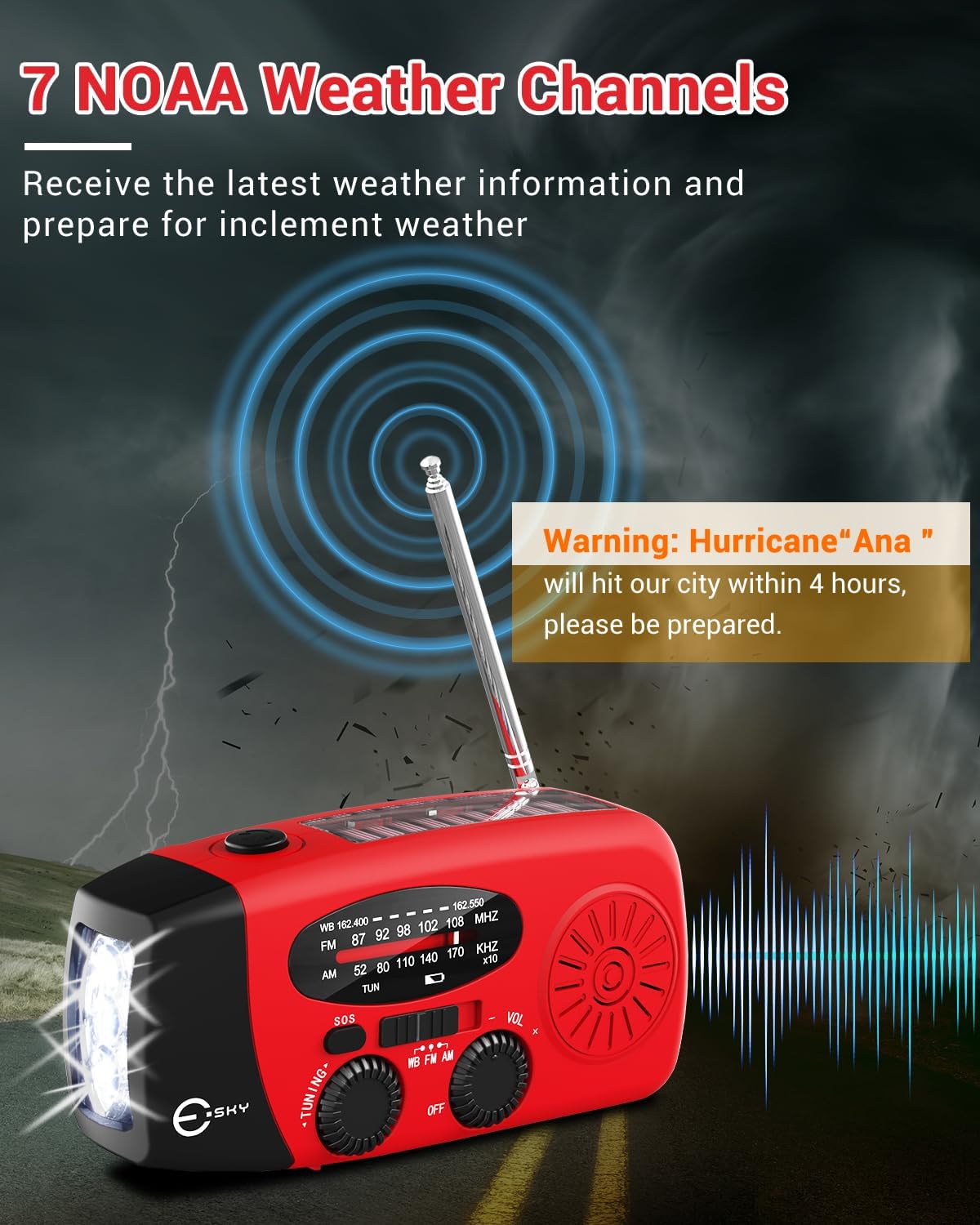 Emergency Hand Crank Radio 7400mWh with 3 LED Flashlight, AM/FM/NOAA Portable Weather Radio with Built-in 2000mAh