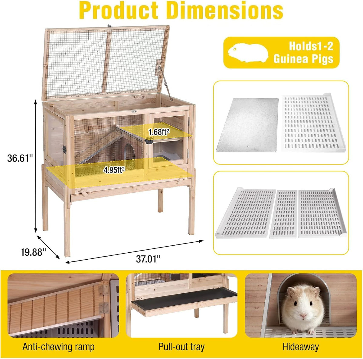 Wooden Guinea Pig Cages Indoor with Removable Stand, Anti Chewing Rabbit Hutch with Ramp and Wire Mesh, 2 Story Small