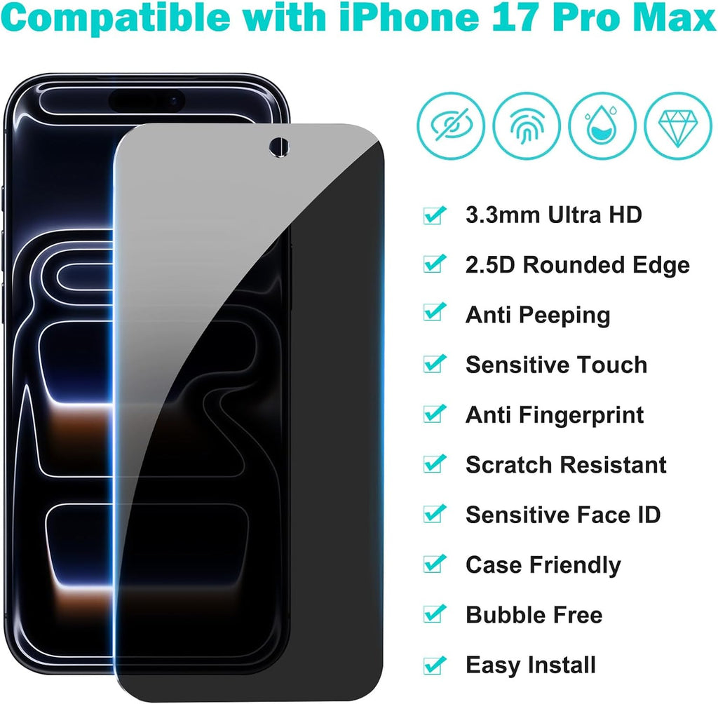 3+3 Pack for iPhone 17 Pro Max Privacy Screen Protector with Camera Lens Protector Full Coverage Anti-Spy Tempered