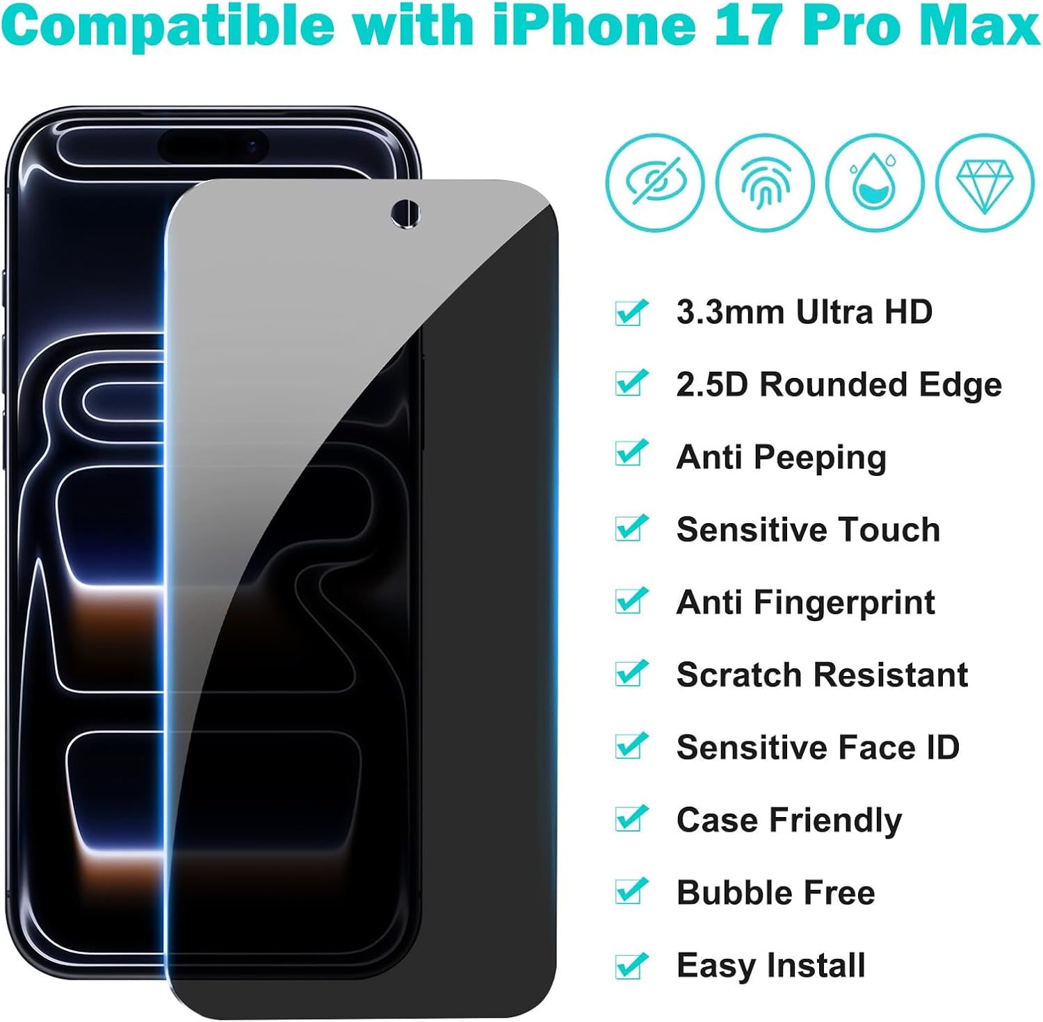 3+3 Pack for iPhone 17 Pro Max Privacy Screen Protector with Camera Lens Protector Full Coverage Anti-Spy Tempered