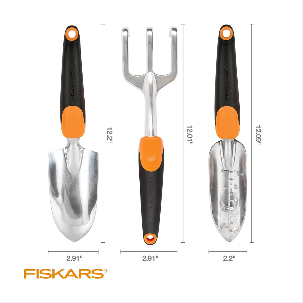 Fiskars 3-in-1 Garden Tool Set, Polished Cast-Aluminum Heads for Rust Resistance, Heavy-Duty Trowel, Transplanter &