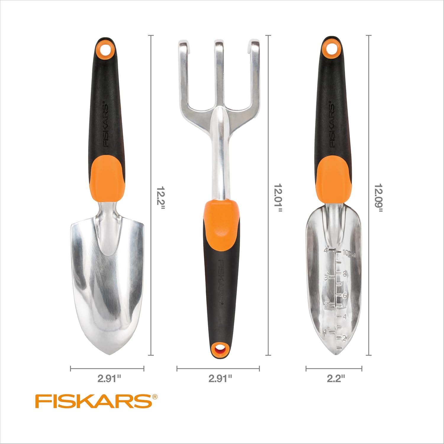 Fiskars 3-in-1 Garden Tool Set, Polished Cast-Aluminum Heads for Rust Resistance, Heavy-Duty Trowel, Transplanter &