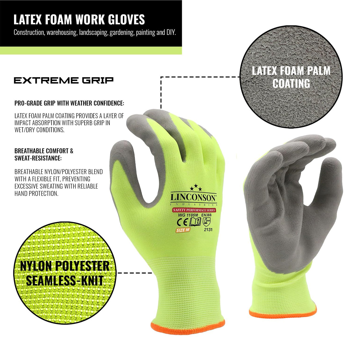 12 Pack Safety Performance Series Construction Mechanics Work Gloves (Green - Grey Palm, M (Pack of 12))