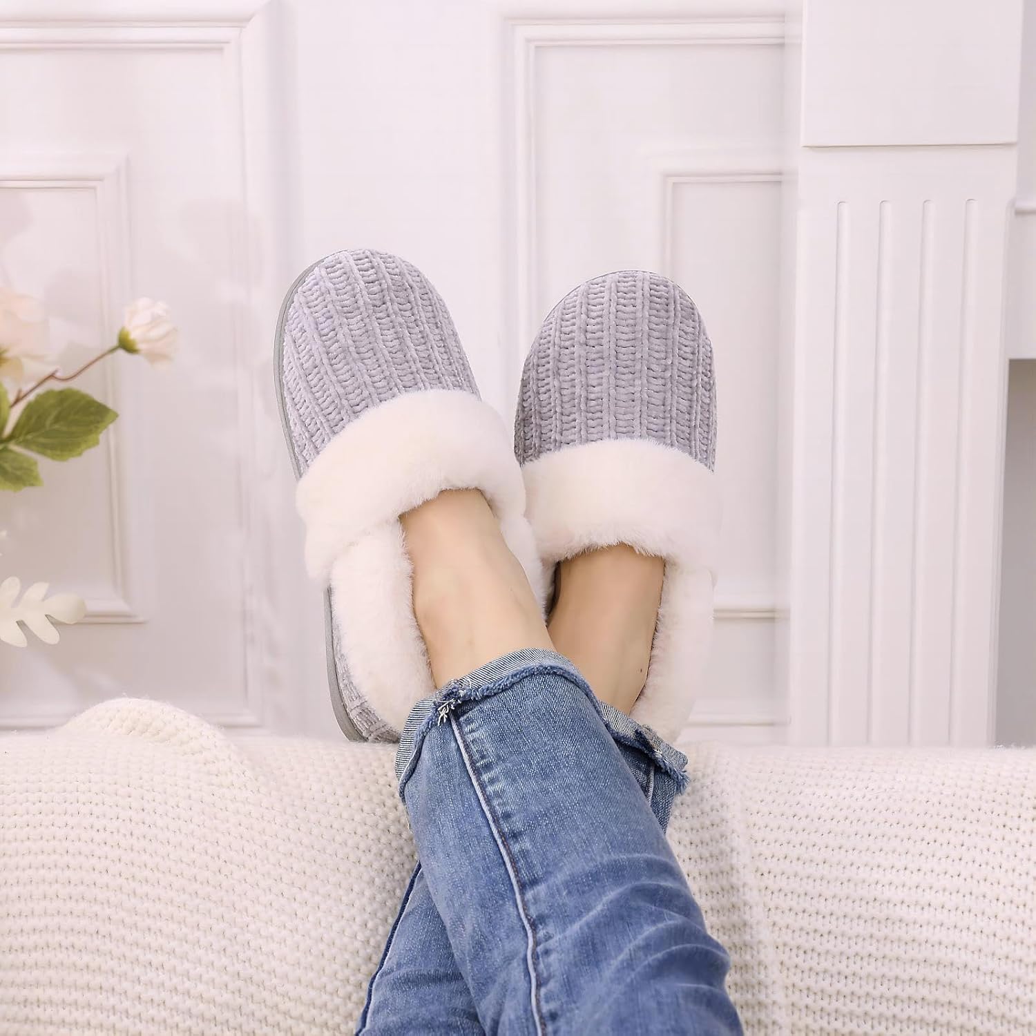 Fuzzy Memory Foam Slippers for Women Closed Back Knit House Shoes | Soft Faux Lamb Wool Lining, Non-Slip Rubber Sole