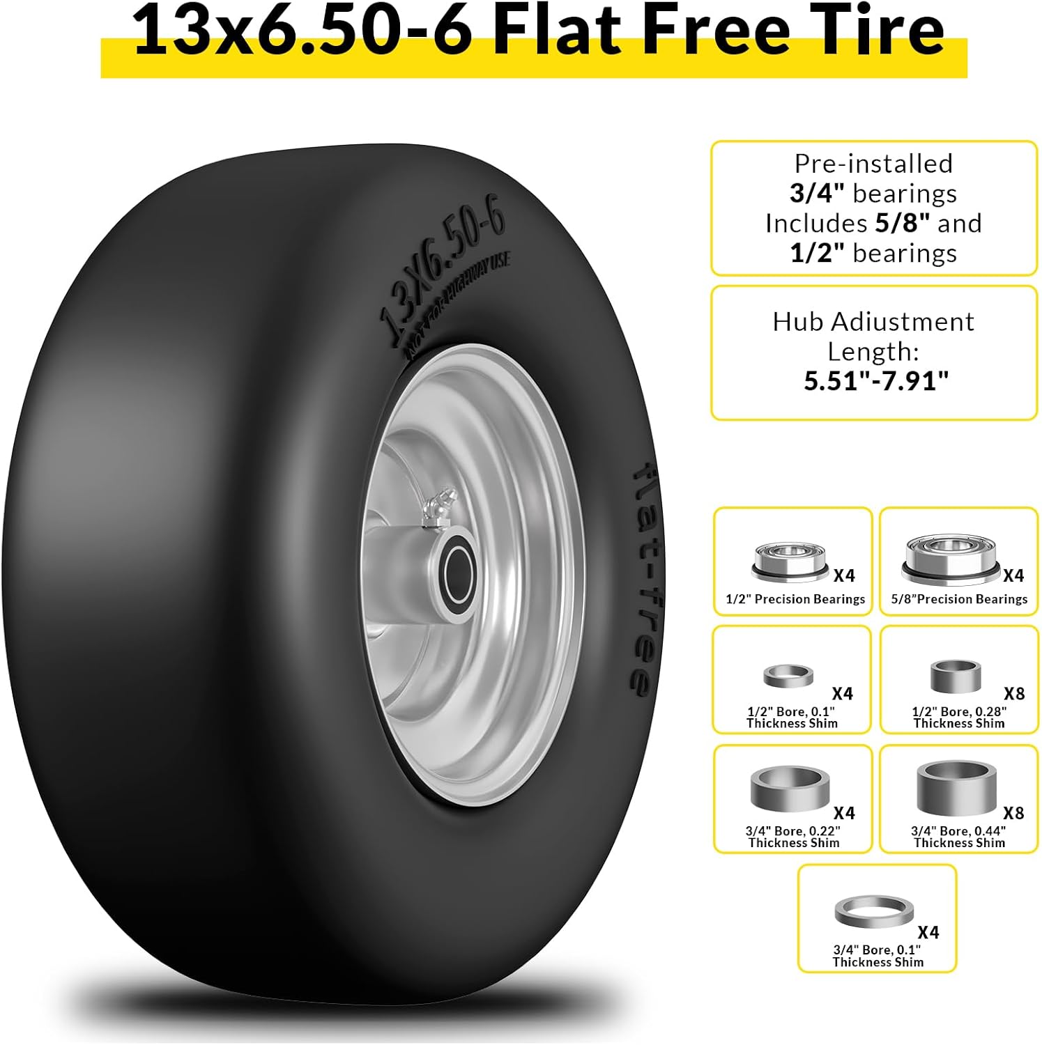 13x6.50-6 Flat Free Lawn Mower Tire and Wheel for Zero Turn Mower | Universal 3/4", 5/8", 1/2" Bearings, 500Lbs Load