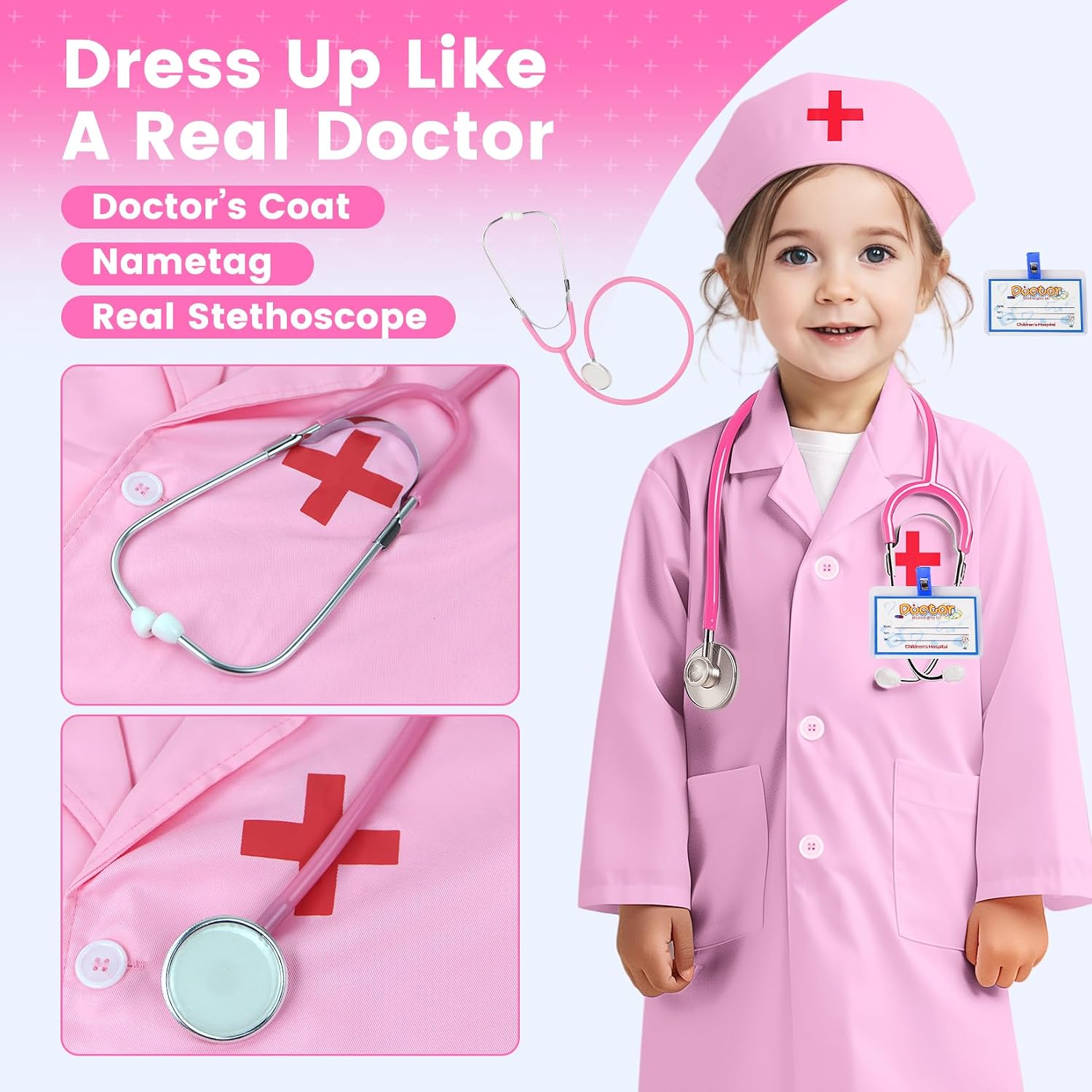Kids Doctor Coat Set With Stethoscope,Children Cosplay Dress up,Career Day Gift for Boys and Girls 3-12Years Old 4PCS