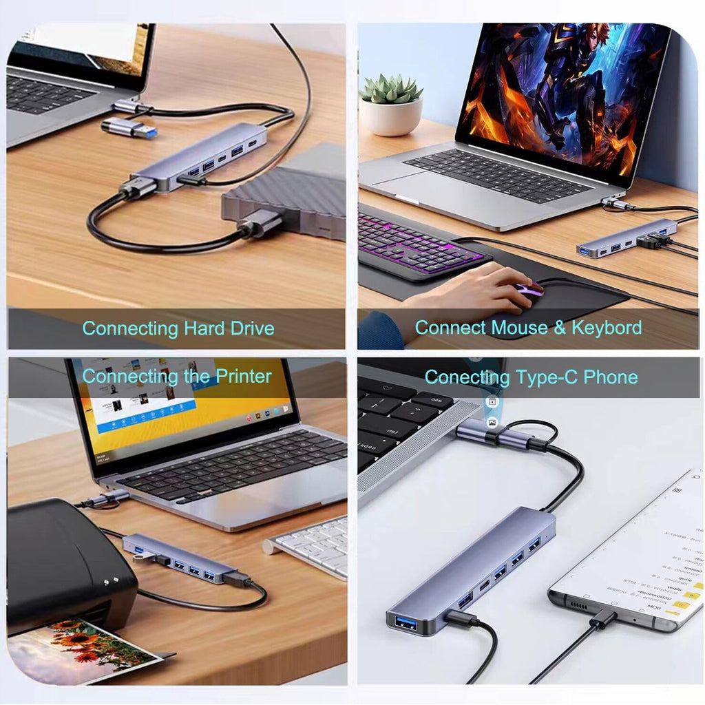 Aluminum USB C & USB Hub 7-in-1 with USB 3.0, USB-C Ports for PC/Laptops/MacBook Pro/Air/iMac/iPad and More Devices