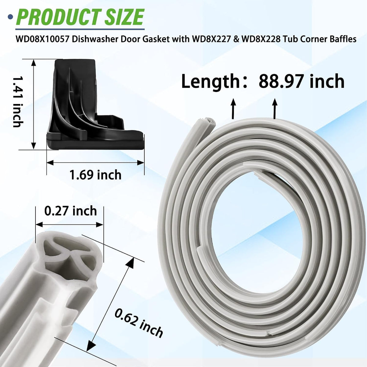 WD08X10057 Dishwasher Door Gasket Seal with WD8X228 WD8X227 Corner Baffles