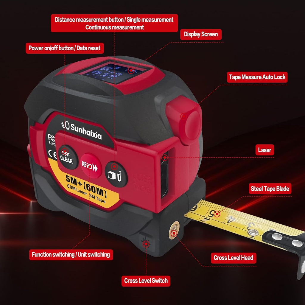 Laser Tape Measure 3 in 1 with Laser Level Crosshairs |196ft/60m Laser Distance+16ft/5m AutoLock Tape |Backlit LCD