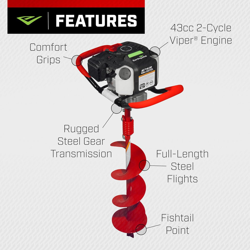 E43 1-Person Earth Auger Powerhead, 43cc 2-Cycle Viper Engine, 30:1 Transmission, 5 Year Limited Warranty, Red or