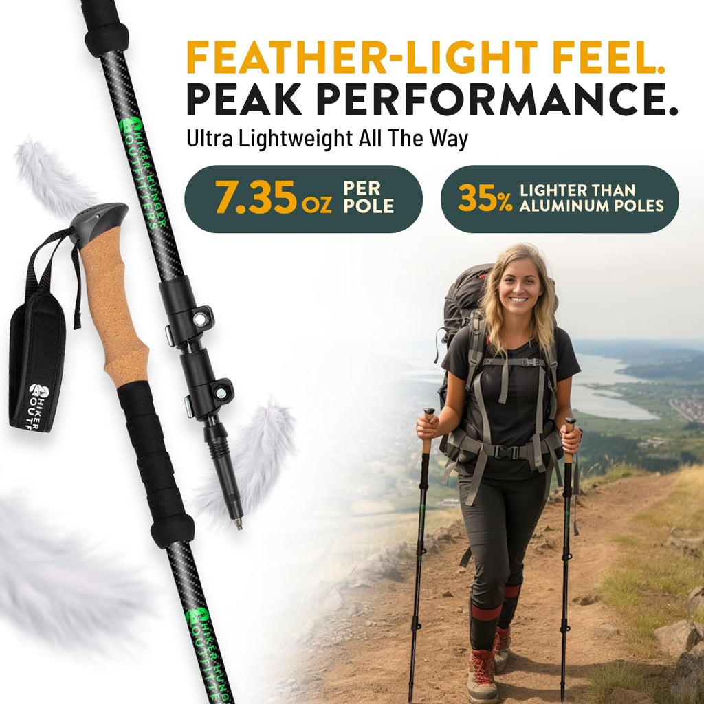 100% Carbon Fiber Trekking Poles by USA Brand - Ultra Strong Lightweight Collapsible Hiking Poles with Cork and EVA