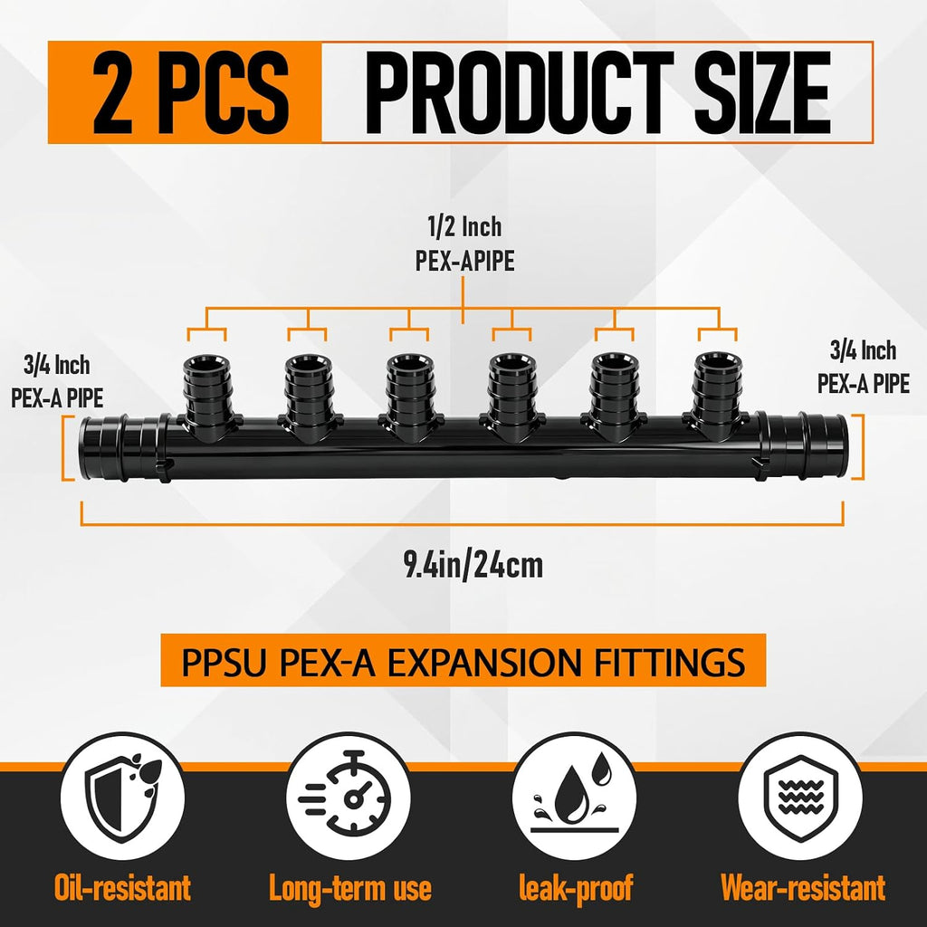 Pangda 2 Pack 6 Outlets Open Pex-a Expansion Poly PPSU Manifold 3/4 x 1/2"