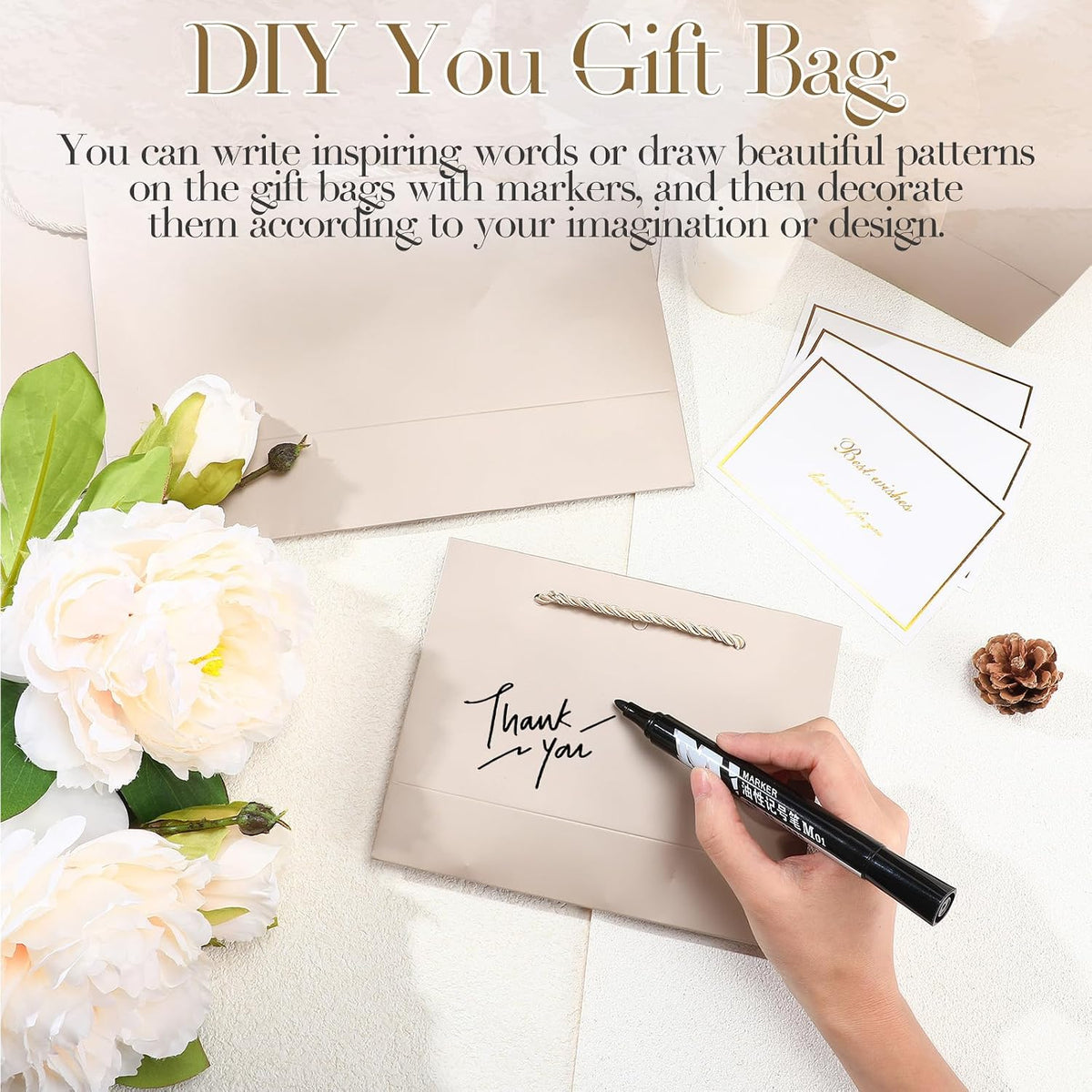 10 Set Gift Bags Assorted Sizes with Handles, Champagne Luxury