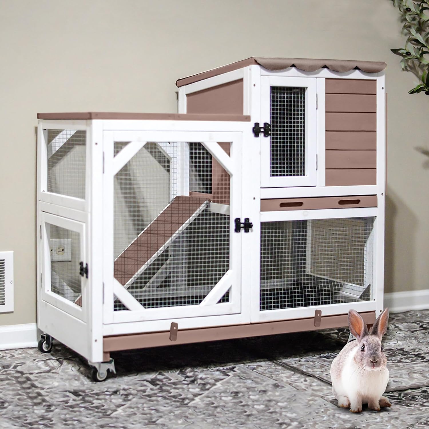 2-Story Rabbit Hutch with Chew-Proof Ramp & Leak-Proof Trays - Indoor/Outdoor 39.3" Wooden Rabbit Cage with Wheels