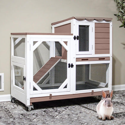 2-Story Rabbit Hutch with Chew-Proof Ramp & Leak-Proof Trays - Indoor/Outdoor 39.3" Wooden Rabbit Cage with Wheels