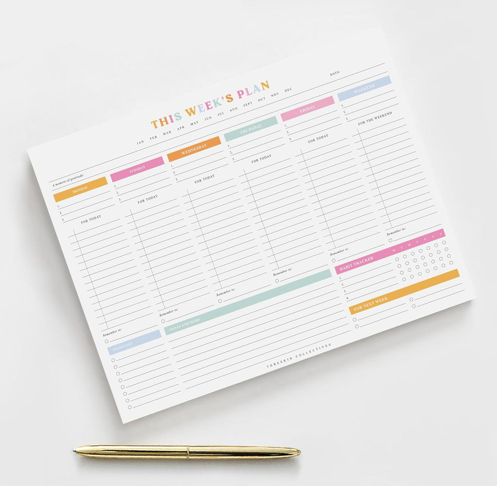 ThreeKin Weekly Planner - Premium 52-Sheet Tear-Off Notepad, 8.5 x 11 inches, Clean Colorful Design, Perfect for