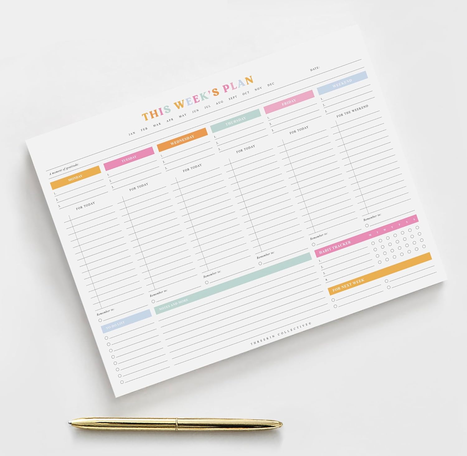 ThreeKin Weekly Planner - Premium 52-Sheet Tear-Off Notepad, 8.5 x 11 inches, Clean Colorful Design, Perfect for