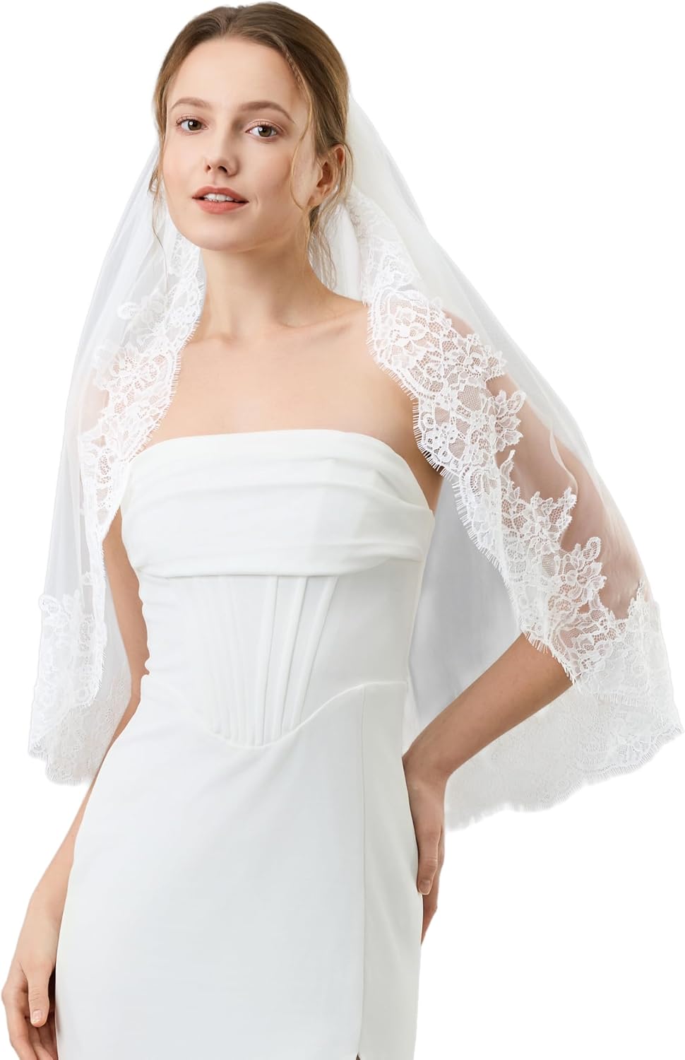 1 Tier Lace Wedding Veil Metal Comb for Brides Ivory & White
