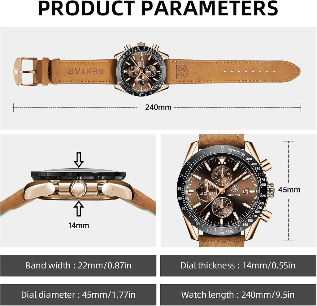 Watches for Men, Analog Quartz Movement Chronograph Wrist Watch, Leather/Stainless Steel/Silicone Strap, Business