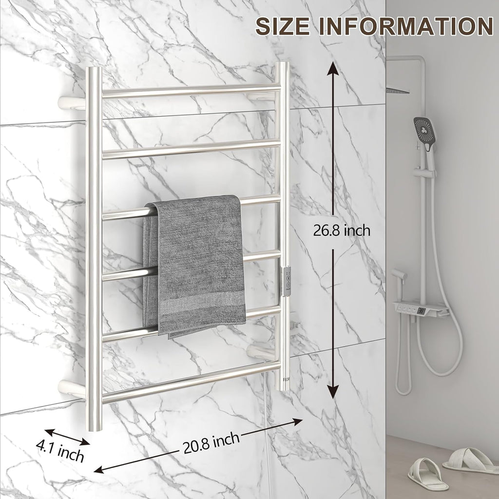 6 Bar Towel Warmer for Bathroom, Wall Mounted Heated Towel Rack, Nickel | Built-in 2/4H Timer, IPX4 Waterproof