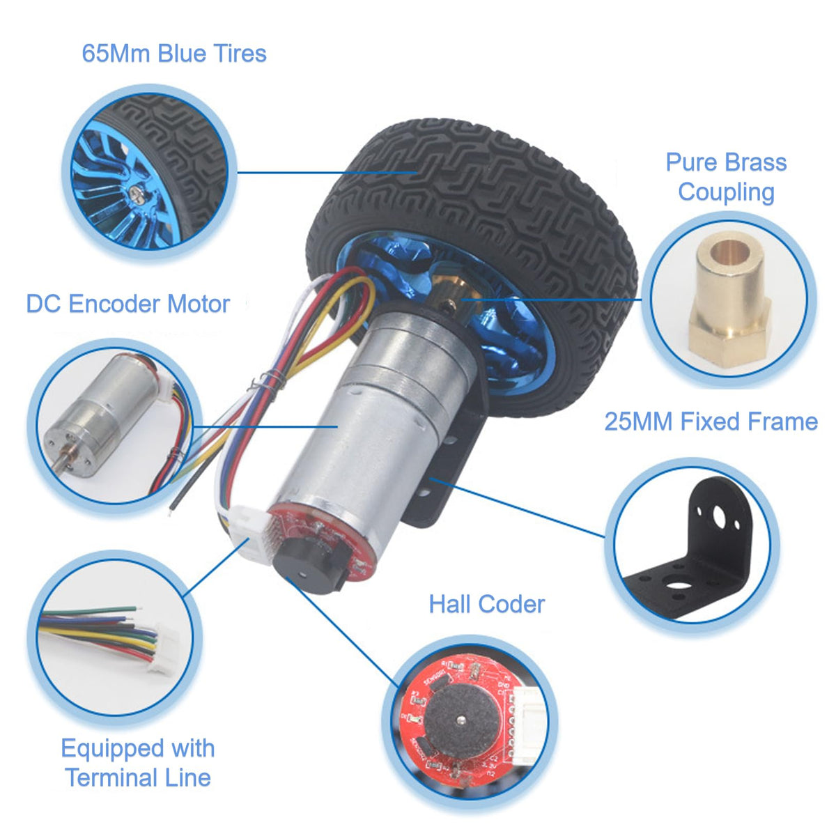 DC 12V DIY Encoder Gear Motor, 65mm Wheel Kit, 130RPM