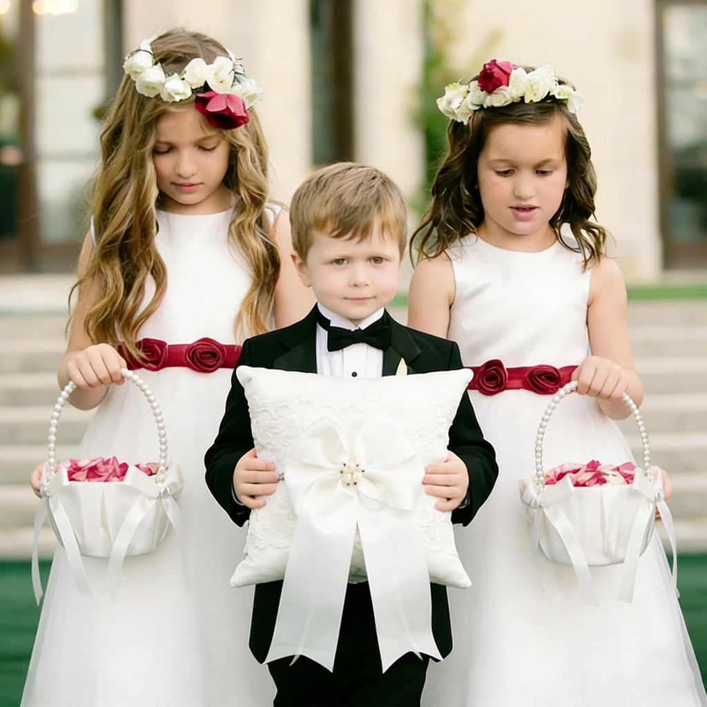2 Flower Girl Baskets and Ring Bearer Pillows Set, Pearl Handle,Ivory Fariy