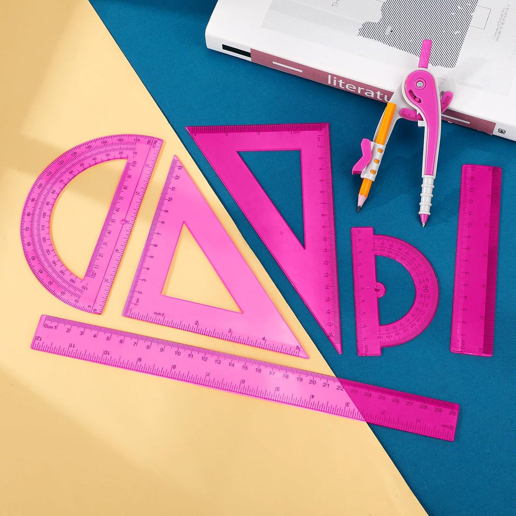 1 Set Plastic Geometry Math Set 7 Pcs Includes 6'' / 4 '' Protractor, Drawing Compass, 45/60 Degree Triangle Rulers