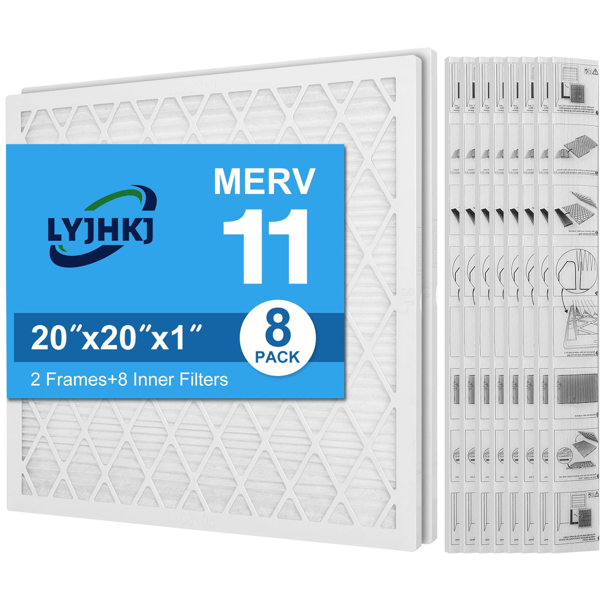 20x20x1 MERV 11 Air Filter, Quality AC/HVAC Furnace Filter，2 Reusable ABS Frame + 8 Pack Replaceable Filter