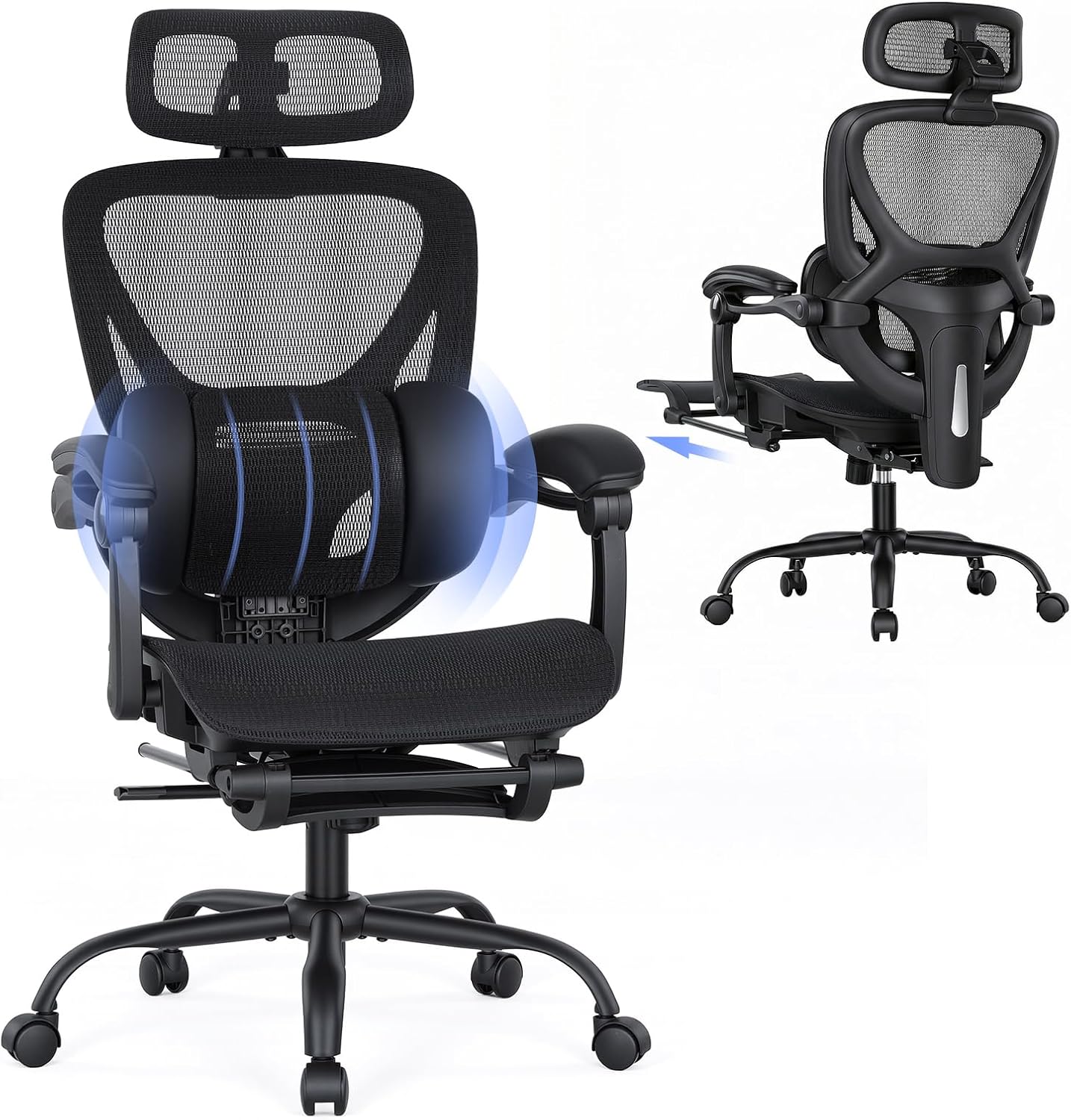 Ergonomic Mesh Office Chair with Footrest, Executive High Back Computer Desk Chair with 3D Adjustable Headrest &