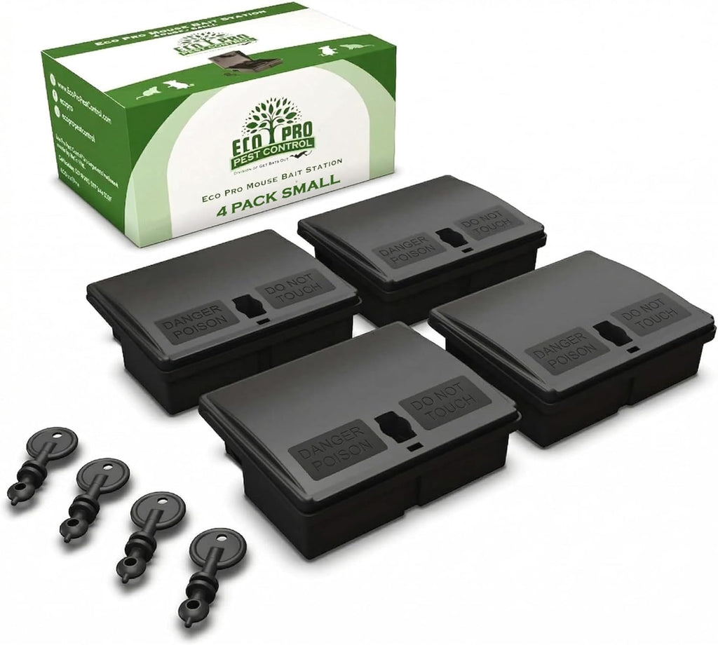 Mouse Bait Station | 4-Pack Indoor & Outdoor Mouse Bait Stations | Bait (Not Included) is Secured by Lock & Key | Pet