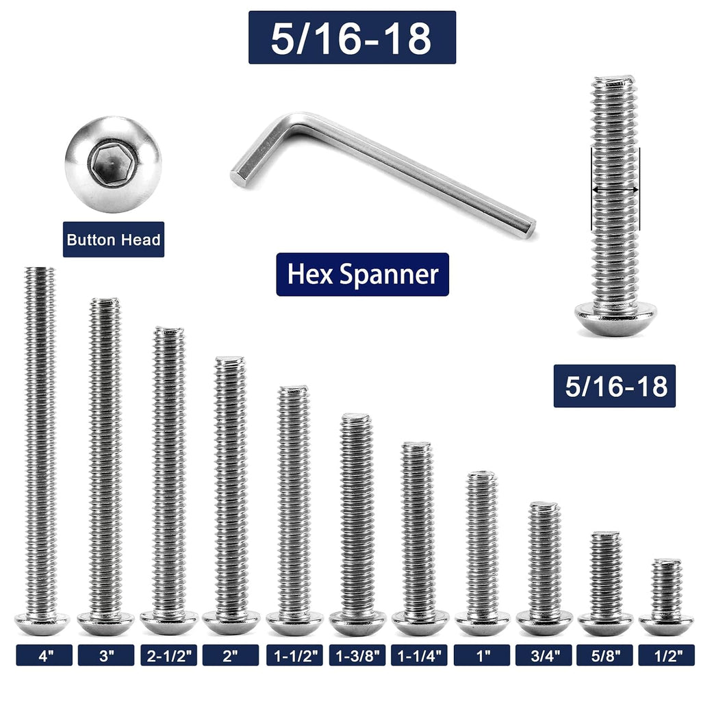 5/16-18 x 5/8" Button Head Socket Cap Bolts Screws, 20Pcs 304 Stainless Steel 18-8, Allen Hex Drive, Bright Finish by SG TZH(with Hex Spanner)