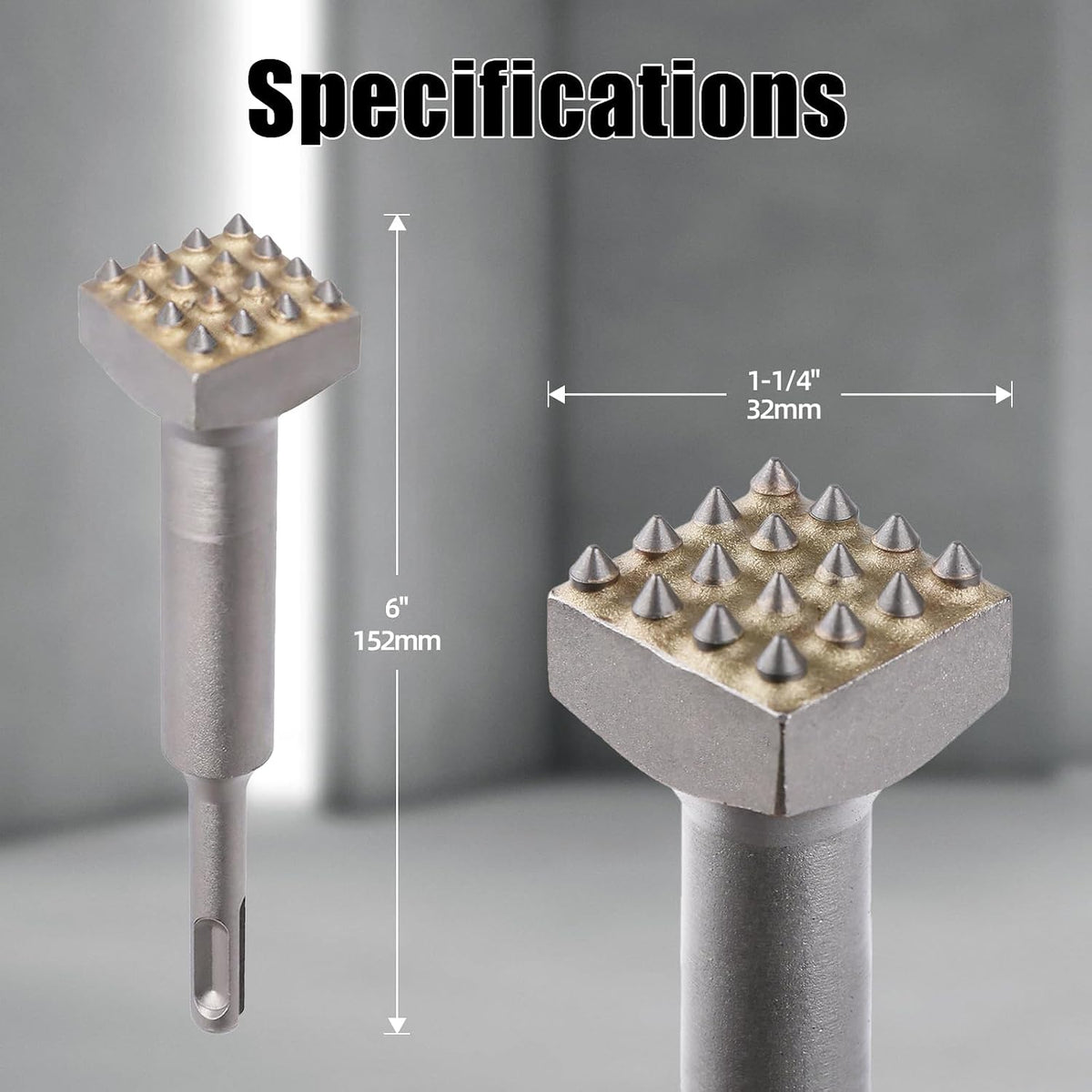 6'' SDS Plus Bushing Tool, 16 Tips Square Head Bush Hammer Bit