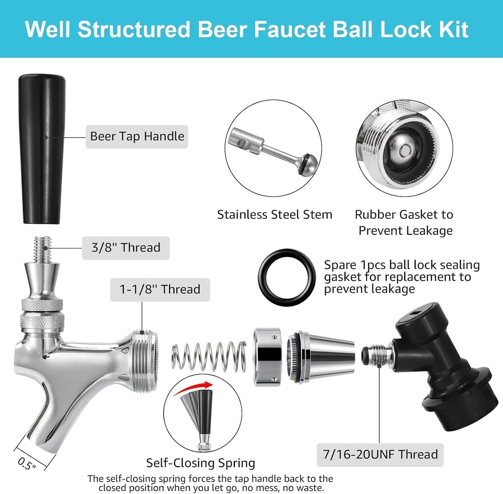 Ball Lock Keg Tap, Self-Closing Beer Faucet for Corny Cornelius Keg | Stainless Core Food Safe, No Leak, Ball Lock