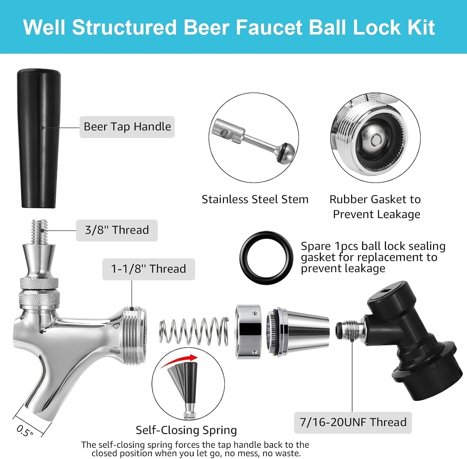 Ball Lock Keg Tap, Self-Closing Beer Faucet for Corny Cornelius Keg | Stainless Core Food Safe, No Leak, Ball Lock