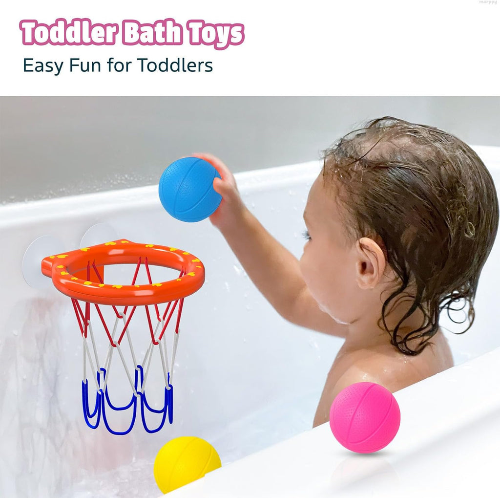 Bath Toys - Bathtub Basketball Hoop for Toddler Kids | with 3 Colorful Mold-Free Balls Set and Strong Suction Cups