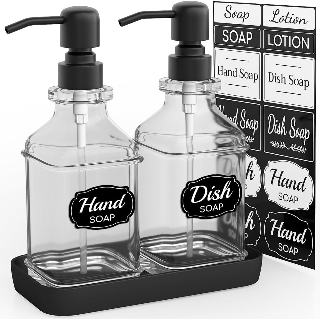 Soap Dispenser - 2 Pack, Antique Design Thick Glass Hand Soap Dispensers with Sturdy Tray; 304 Rust Proof Stainless