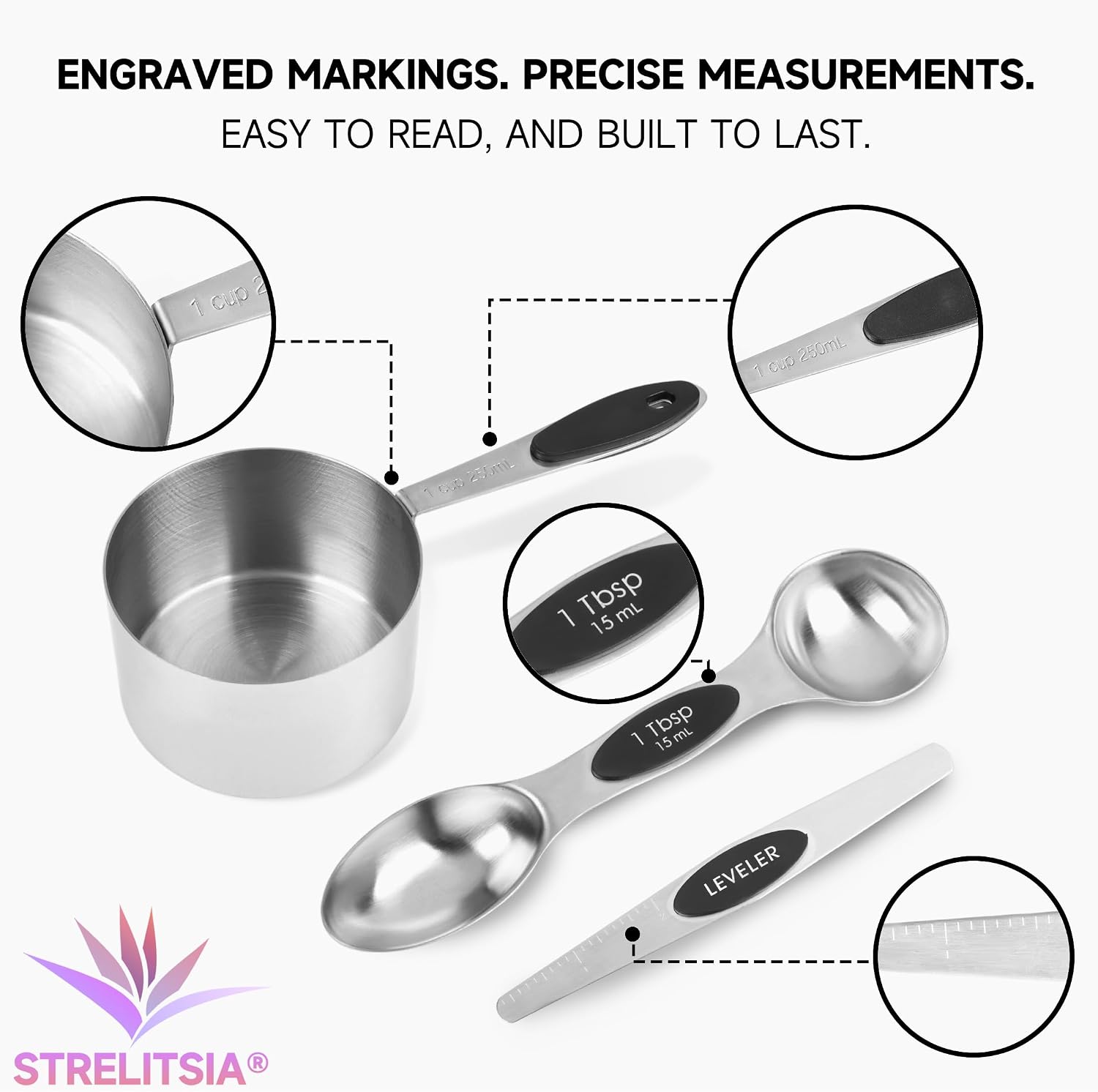 Magnetic Measuring Cups and Spoons Set, Strong N45 Magnets, 304 Stainless Steel, Double-Sided Measuring Spoons