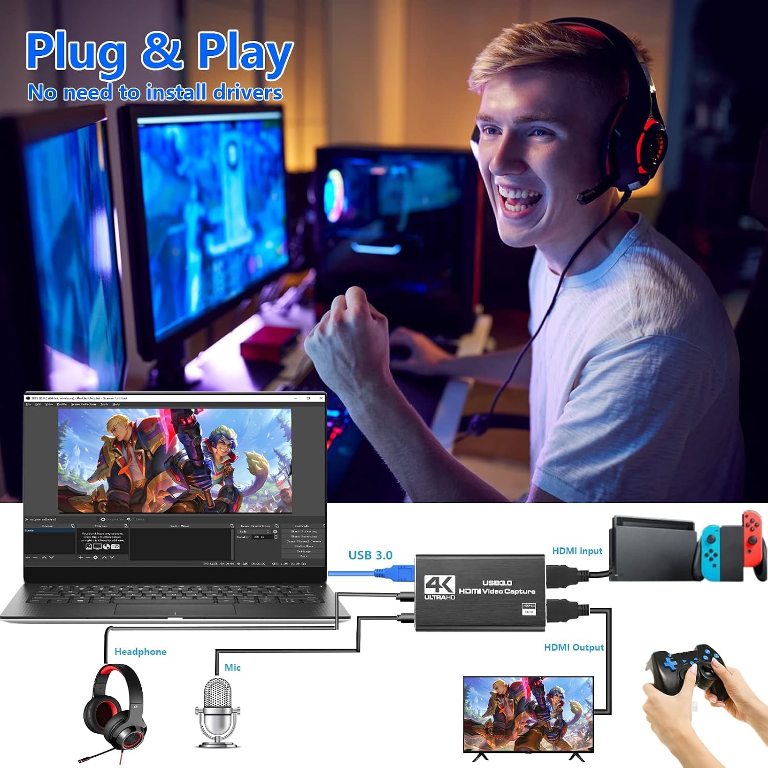 Capture Card Nintendo Switch, Video Capture Card, Game Capture Cards | 4K 1080P 60FPS, HDMI to USB 3.0 Capture Cards