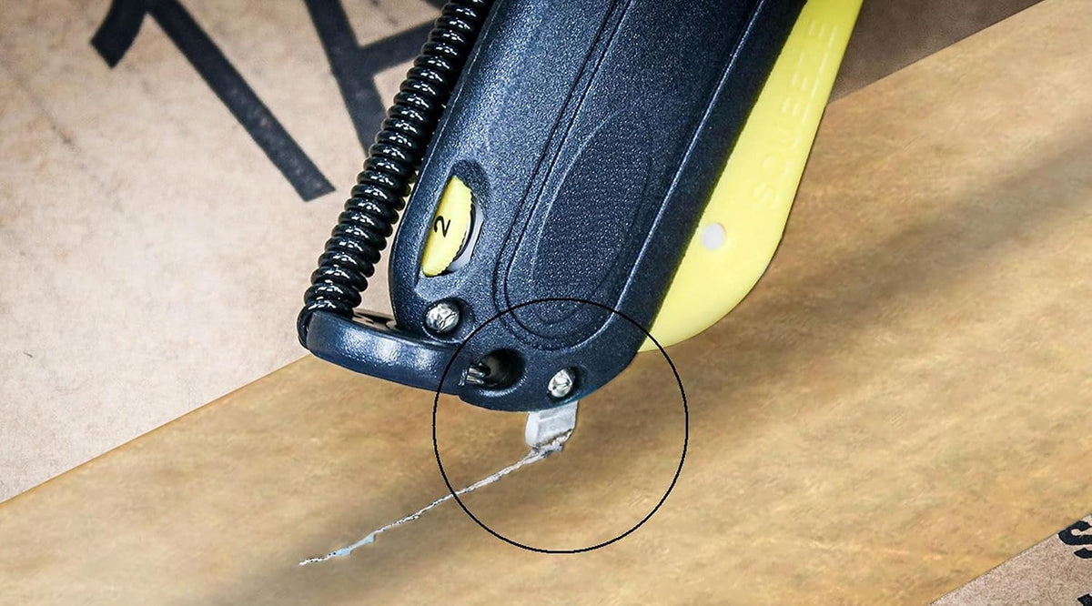 EZ-2000 Safety Box Cutter Utility Knife, Tape Splitter at Back, 3 Blade Depth Setting, Squeeze Trigger and Dual Side