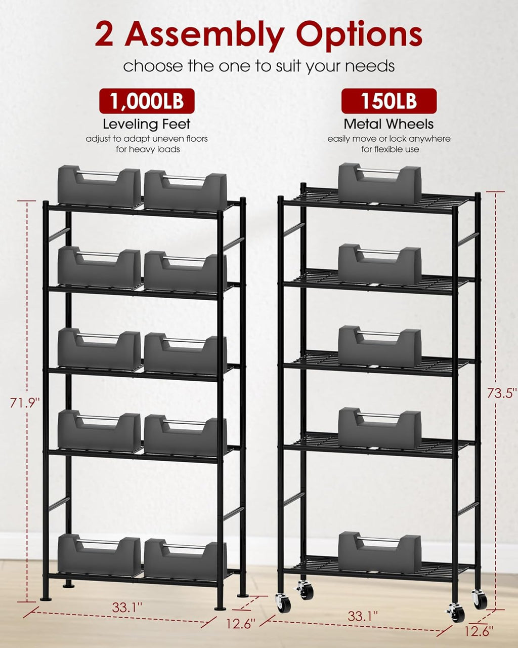Storage Shelves Organizer - 5 Tier Metal Shelf Organizer with Metal Wheels and Adjustable Leveling Feet, Heavy Duty