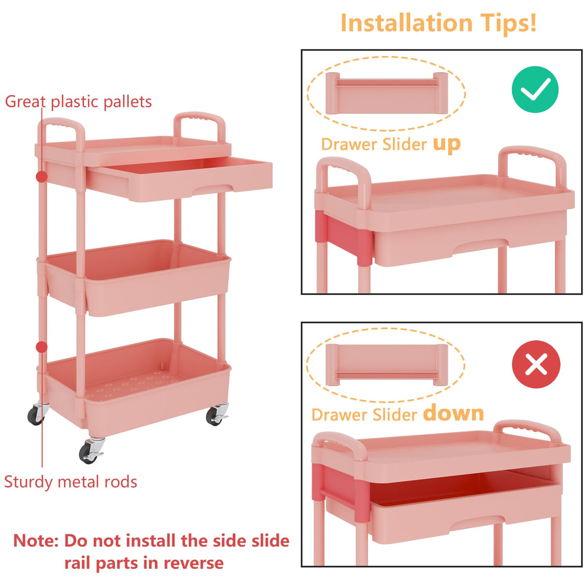 3-Tier Utility Cart with Drawer & Wheels, Storage for Home,Office