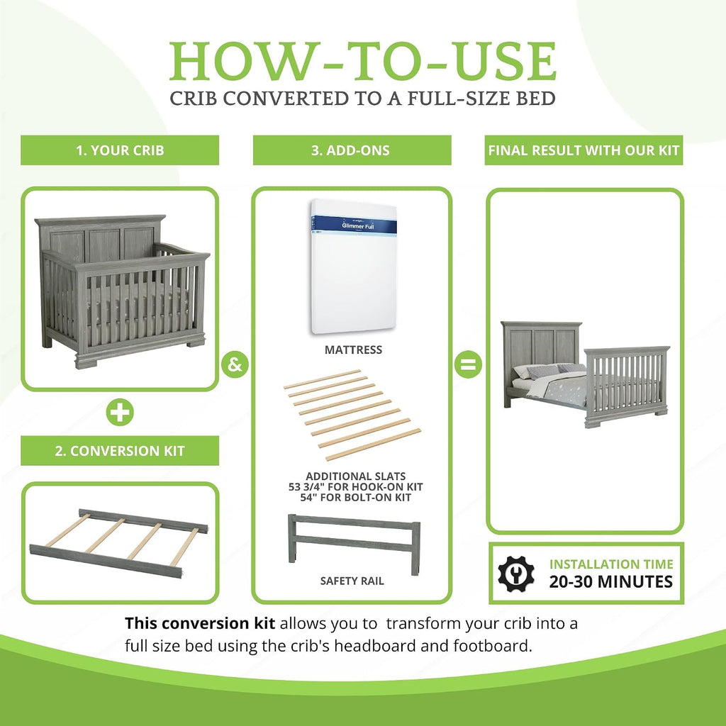 Full-Size Conversion Kit Bed Rails for Oxford, Soho, Ozlo & Avalon Baby Convertible Cribs - Solid Wood - Toddler &