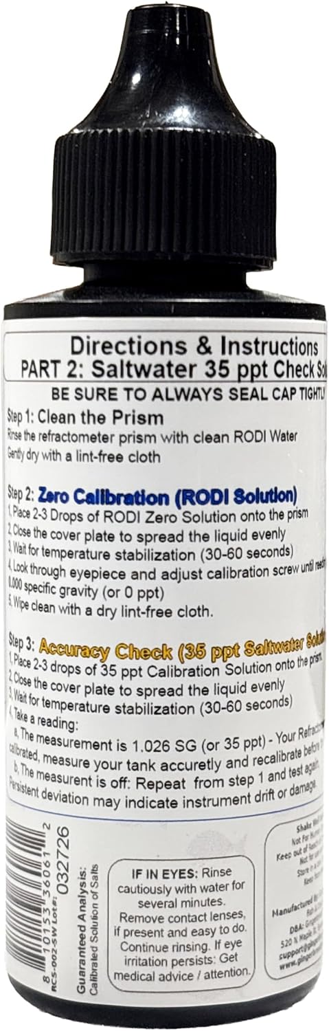 Aquarium Refractometer Calibration Solution Kit – RO/DI Water & Calibrated Saltwater – 2 x 2oz Bottles