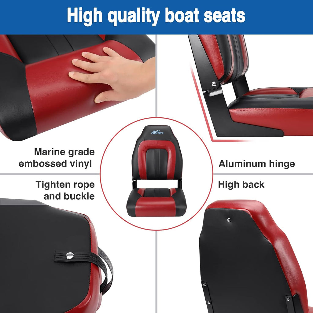 Boat Seat for Boats with 2 Storage Bags High Back Folding Boat Seat Boat Fold Down Seat (2 Packs), Black and Red